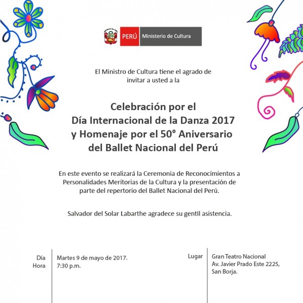 CEREMONIA DÍA INTERNACIONAL DE LA DANZA – INGRESO LIBRE. Gran Teatro Nacional, martes 9 de mayo, 7:30 pm