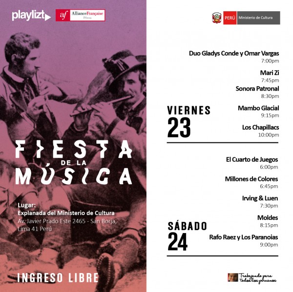 #FiestaDeLaMúsica 2017¡Este 23 y 24 de junio en la Explanada del Ministerio de Cultura tendremos a 10 bandas elegidas a nivel nacional y el ingreso es libre.